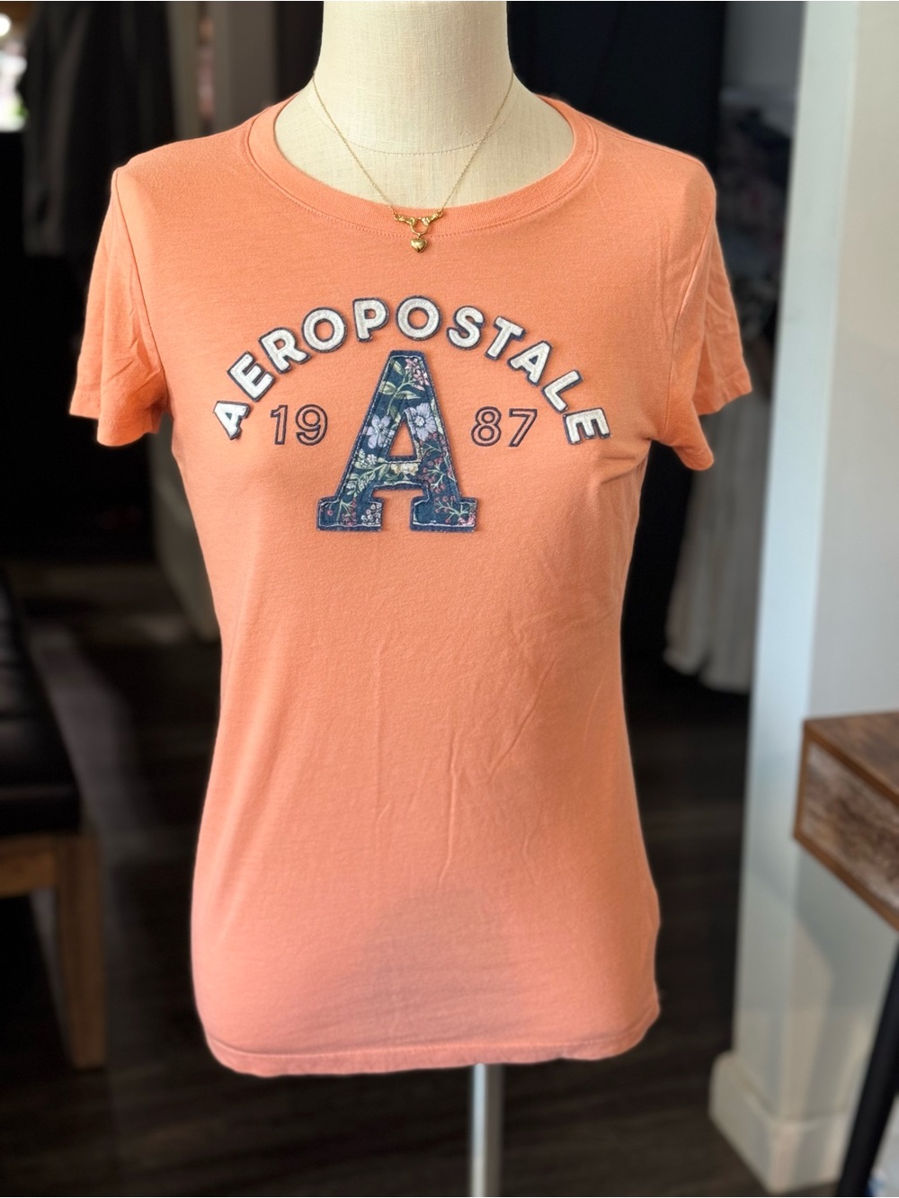 Aeropostale Women's Coral Short-Sleeve Logo Tee with Floral A